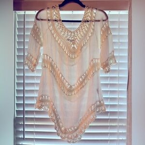 White Tunic 3/4 Sleeve with crocheted embellishment